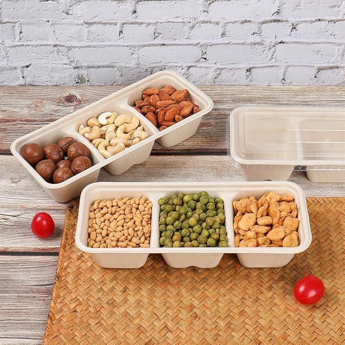 16oz disposable 3 compartments Sugarcane Fibers bowls with lid take away food containers Meal Prep Bowls 25 Pack