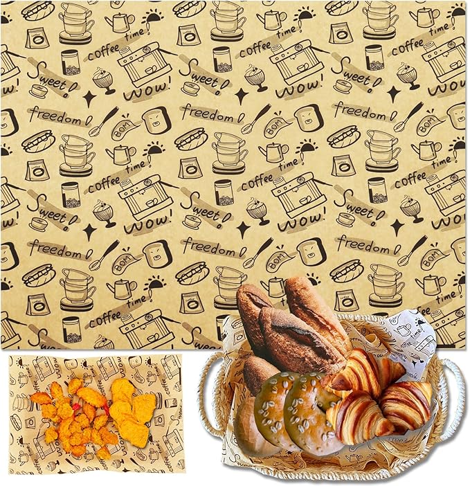 OTOPETE 200 Pcs Grease Resistant Food Wrapper Paper, 12"x16", Coffee Theme Gift Wrapping Paper, Large Size Tray Liner, for Home Kitchen Baking, Picnic, Party