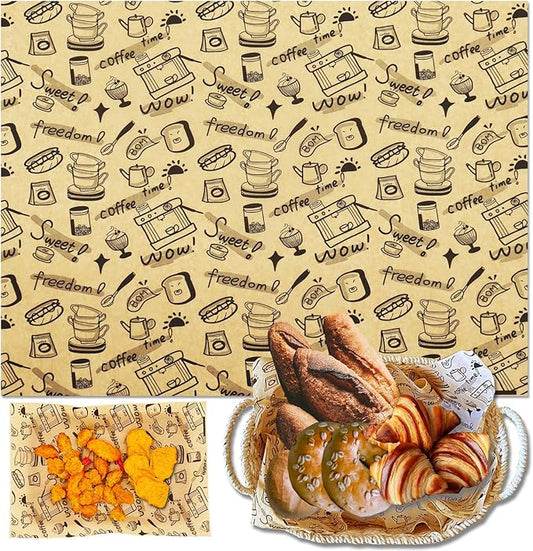 OTOPETE 200 Pcs Grease Resistant Food Wrapper Paper, 12"x16", Coffee Theme Gift Wrapping Paper, Large Size Tray Liner, for Home Kitchen Baking, Picnic, Party