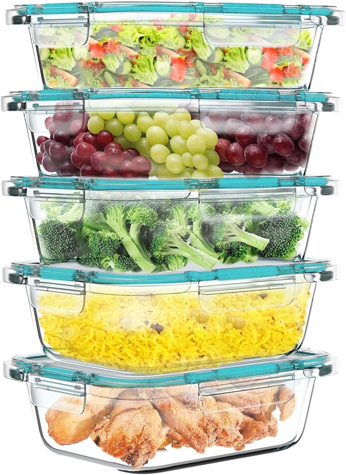 Classic Cuisine 5-Pack Glass Food Storage Containers Set - 1-Compartment Dishwasher and Microwave-Safe Glassware with Snap-Shut Lids for Meal Prep
