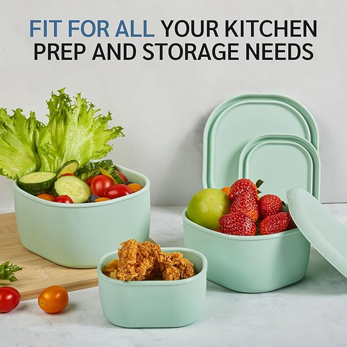 ISSEVE 6Pcs/Set Nesting Silicone Food Storage Containers with Lids, BPA Free Reusable Meal Prep Silicone Containers Lunch Box Bento Box Set (33.8oz, 20oz, 10oz, 6.7oz, 1.3oz) (Green)