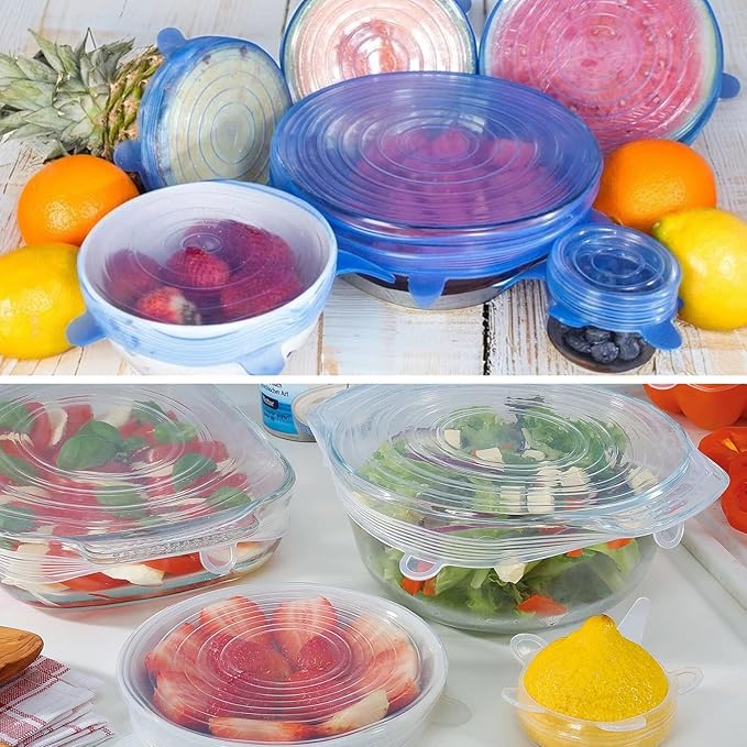 12 PCS Reusable Stretch Silicone Lids for Food Storage, Heat-Resistant Silicone Bowl Covers for Cup, Cans, Jars, Universal Food Grade Silicone Lid for Round Container (6 Different Sizes)