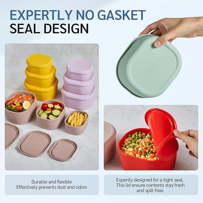 ISSEVE 6Pcs/Set Nesting Silicone Food Storage Containers with Lids, BPA Free Reusable Meal Prep Silicone Containers Lunch Box Bento Box Set (33.8oz, 20oz, 10oz, 6.7oz, 1.3oz) (Red)