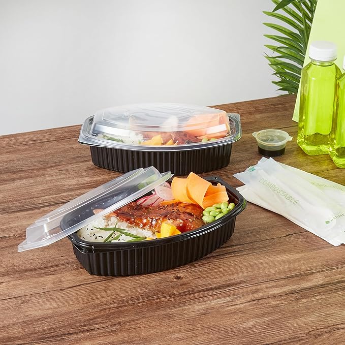Restaurantware RW Base 32 Ounce Meal Prep Containers, 100 Microwavable To Go Containers With Lids - Disposable, Freezable, Black Plastic Oval Food Containers, Pack Hot And Cold Food, For Takeaway