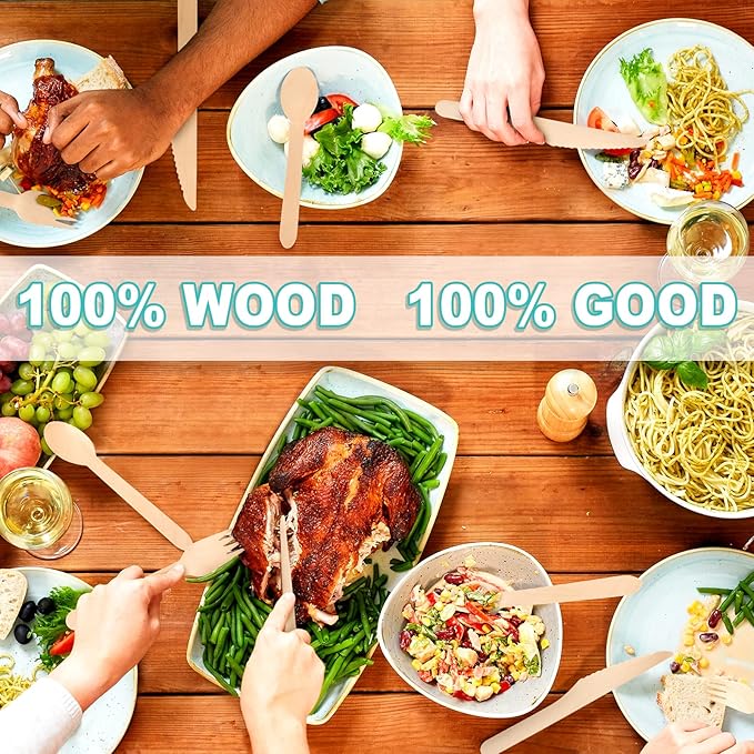 (150 Pcs) Special Edition Compostable Cutlery Set - Disposable Wooden Cutlery Set - Alternative to Plastic, Eco Friendly, Biodegradable, 50 Each Wooden Spoons, Knives, Forks Disposable Utensils Set