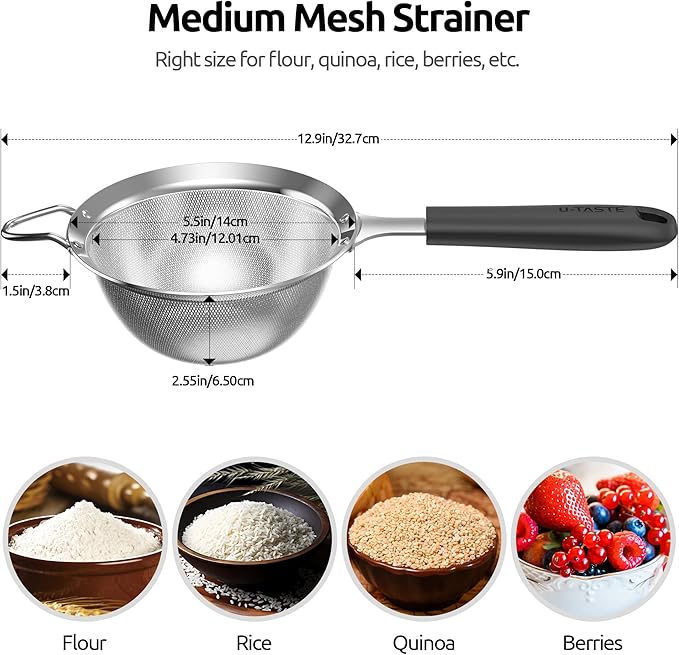 18/8 Stainless Steel Measuring Spoons Set for Dry and Liquid Ingredients (Set of 6), and 4.73in Medium Fine Mesh Strainer with Sturdy Riveted Silicone Handle and Strong Frame (Black)