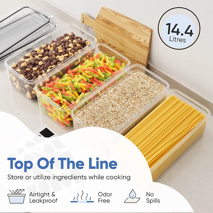 Airtight Food Storage Containers with Lids (Set of 4/3.6 Liters Each), Plastic Spaghetti Container for Pasta & Dry Food Storage, BPA Free Pantry Organizer Set with Kitchen Accessories
