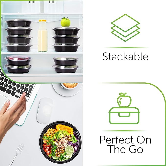 PrepNaturals Reusable Plastic Containers with Lids, 10 Pack, Black, Meal Prep Bowls, Lunch Containers, BPA, PVC and Phthalate Free, Microwave and Freezer Safe