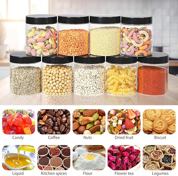 Jars with Lids, 48pcs 8 oz Plastic Containers with Lids Pen Labels Leak Proof BPA Free Airtight Refillable Clear Small Containers Storage Jars for Storing Dry Food Makeup Slime Honey Jam (8oz Black