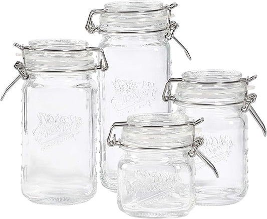 Mason Craft & More Airtight Kitchen Food Storage Clear Glass Clamp Jars, 4 Piece Mini Clamp Preserving Jar Set (7oz, 12oz, 17oz, and 22oz), (TTU-V1523)