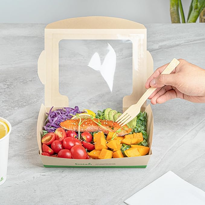 Restaurantware-Sustain 40 Ounce Sturdy Paper Take Out Boxes, 50 Disposable Take Out Food Containers - With PLA lining, Clear PLA Window, Bamboo Paper Containers, Compostable, Tab-Lock Design