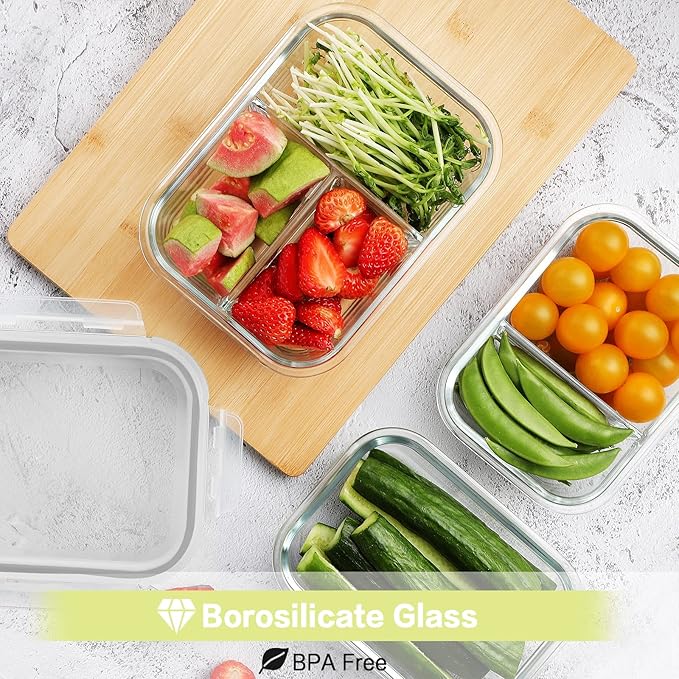 HOMBERKING 9 Pack Glass Meal Prep Containers 3 & 2 & 1 Compartment, Glass Food Storage Containers with Lids, Airtight Glass Lunch Bento Boxes, BPA-Free & Leak Proof (9 lids & 9 Containers) - Grey