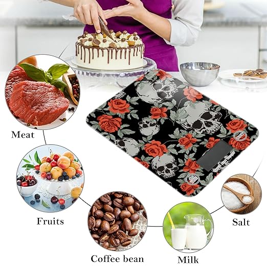 Food Scale Kitchen Digital Scale Food Ounces and Grams Dieting Baking Cooking Waterproof Glass Panels LCD Display,4 Units Scale Tare Function Red Rose Skull