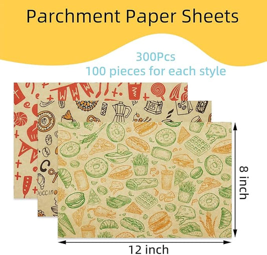 Food Paper Sheets 8"x12" - 300Pcs Paper Liners for Plastic Food Basket, Premium Deli Sandwich Wrappers, Best Kraft Food Wrapping Paper Sheets for Picnic, Festival, Fair or BBQ.
