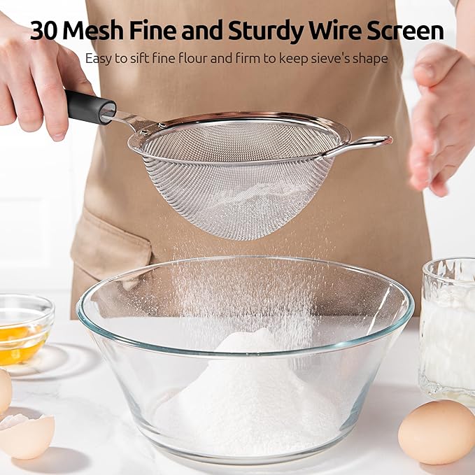 18/8 Stainless Steel Measuring Spoons Set for Dry and Liquid Ingredients (Set of 6), and 4.73in Medium Fine Mesh Strainer with Sturdy Riveted Silicone Handle and Strong Frame (Black)