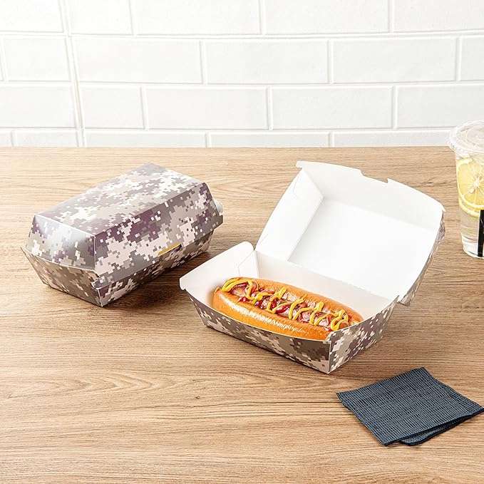 Restaurantware Bio Tek 6.7 x 3.5 x 3.5 Inch Clamshell Food Containers 100 Disposable Sandwich Containers - Hinged Lid Tab-Lock Closure Camouflage Paper Hot Dog Containers Durable Greaseproof