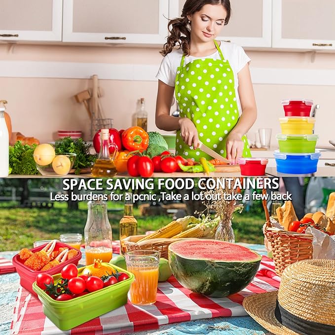 8 Pack Collapsible Food Storage Containers Silicone Lunch with Lids, 4 Pcs Rectangle Bowls and Round Bowls, Microwave Freezer Dishwasher Foldable