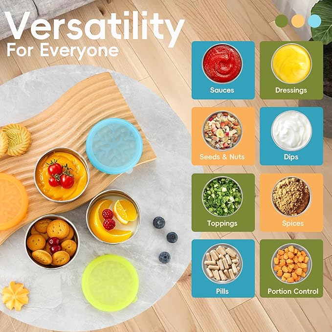 Stainless Steel Snack Containers for Kids Salad Dressing Container To Go Small Snack Box with Silicone Lids Easy Open LeakProof Reusable Metal Toddler Lunch Box for School