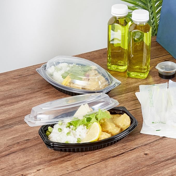 Restaurantware RW Base 12 Ounce Meal Prep Containers, 100 Microwavable To Go Containers With Lids - Disposable, Freezable, Black Plastic Oval Food Containers, Pack Hot And Cold Food, For Takeaway