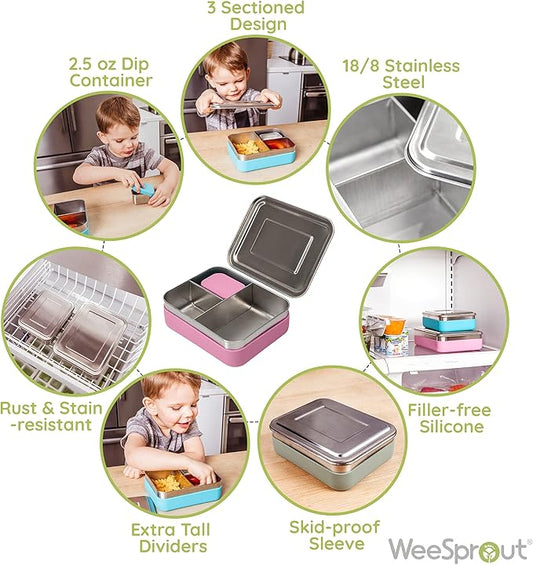 WeeSprout 18/8 Stainless Steel Bento Box (Compact Lunch Box) - 3 Compartment Metal Lunch Containers, for Kids & Adults, Bonus Dip Container, Fits in Lunch Bag & Backpack