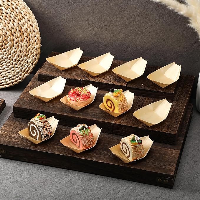 Hoolerry 500 Pcs Disposable Wood Boat Plates Dishes 4 Inches Bamboo Plates Sushi Boat Disposable Bamboo Leaf Dish Serving Tray Food Container Wood Bowl For Catering Home