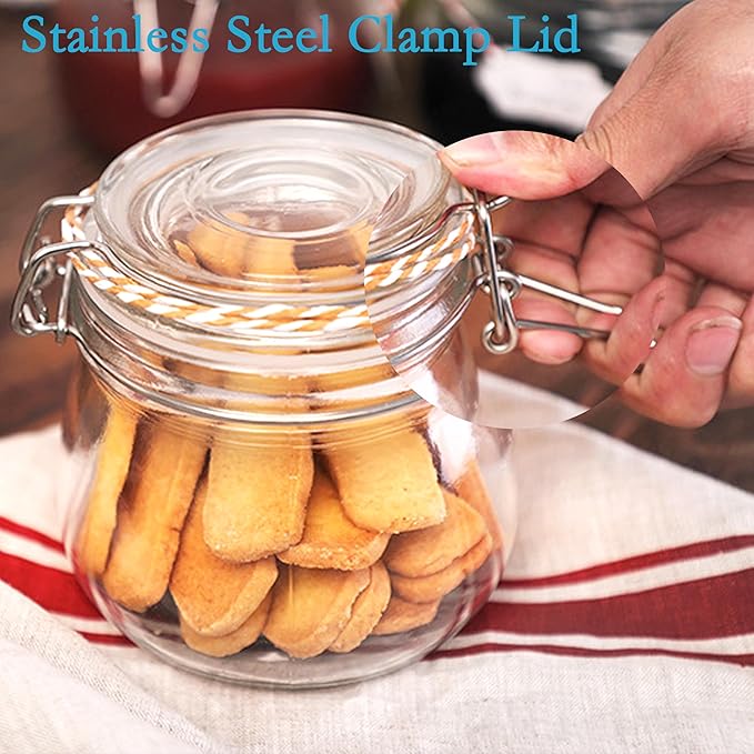 Glass Jars With Airtight Lids 16 OZ 6 Set Wide Mouth Food Storage Canisters Leakproof Sealed Jar Containers With Clamp Lids For Coffee,Sugar, Spices,Snacks, Pickles,Cereal,Tea Bags,Candy,Cookies