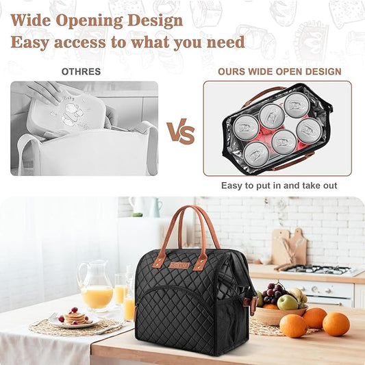 LOKASS Lunch Bag Insulated Lunch Box Wide-Open Lunch Tote Bag with Removable Shoulder Strap for Women/Men Adults Work Picnic Hiking Beach Fishing(Black)