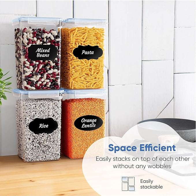 Chef's Path Extra Large Airtight Food Storage Containers with Blue Lid Color, Pack of 6, Kitchen and Pantry Canisters for Flour, Sugar, and Baking Supplies, Includes Measuring Spoons, Labels, and Pen