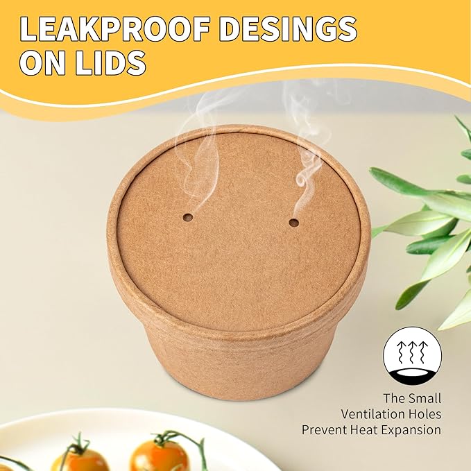 Paper Soup Containers with Lids, 50 Pack Brown Soup Bowls Biodegradable Ice Cream Cups with LidS for Hot Soup or Ice Cream (50 sets, 8 oz)