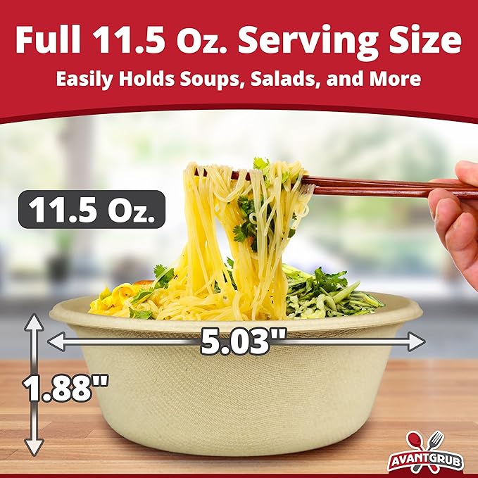 Leak-Proof, Compostable 11.5 oz Bowls 100 Pack. Sturdy, Plant-Based, Microwave Safe Sugarcane Containers for Soups, Salads, Desserts. BPA-Free, Soak-Proof Disposable Bowl for Hot or Cold Meals, Snacks