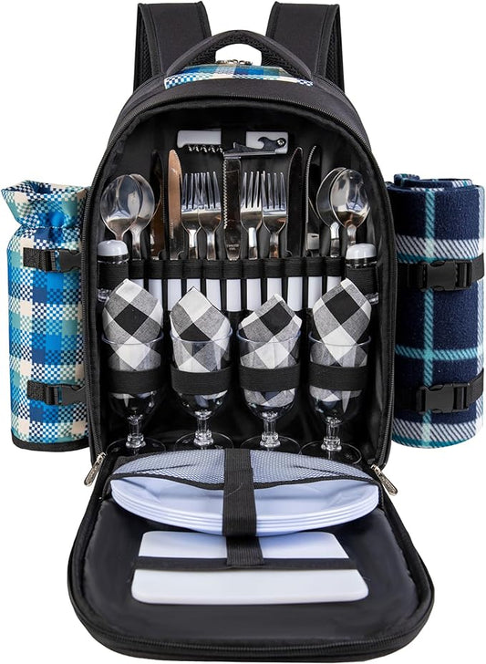 apollo walker Picnic Backpack Bag with Cooler Compartment, Detachable Bottle/Wine Holder, Fleece Blanket, Plates and Cutlery Set (4 Person, Black)