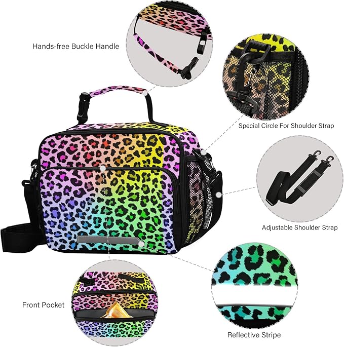 Pfrewn Lunch Box for Kids School Students Multicolor Leopard Rainbow Gradient Insulated Lunch Bag with Shoulder Strap for Office Adults Reusable Cooler Bags Lunch Tote for Girls Boys Teens