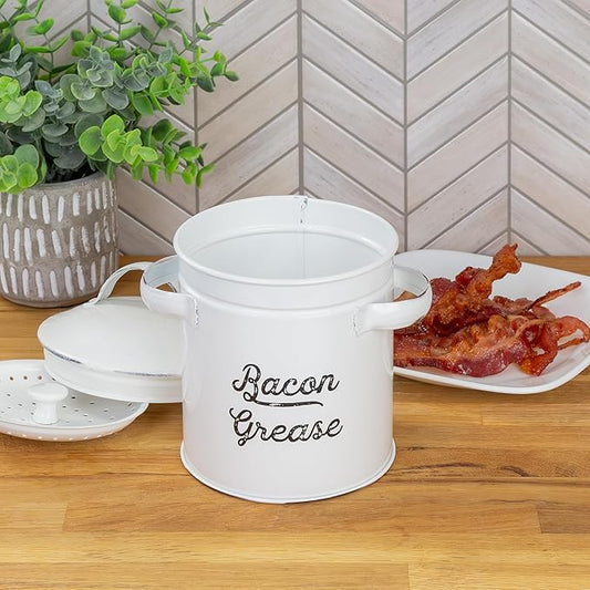 AuldHome Design Grease Container, White Enamelware Bacon Grease Can w/Strainer, Farmhouse Style, Keto-Friendly