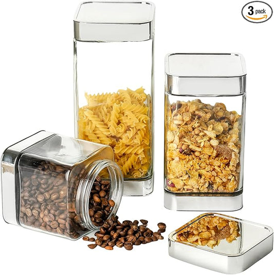 Glass Storage Jars-Large Kitchen Glass Canisters with Airtight Lids -Coffee Pasta Sugar Tea Snack Nuts Cookie Flour Food Container - Set of 3， Silver