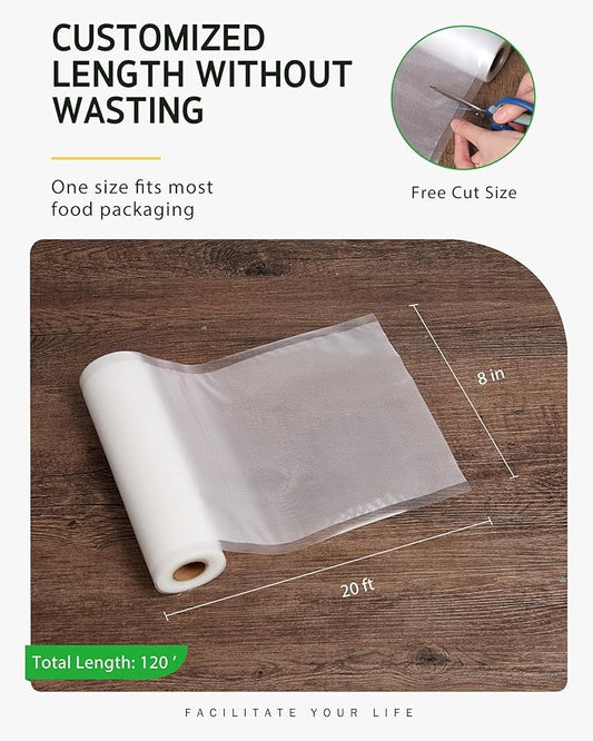Syntus Vacuum Sealer Bags for Food, 6 Rolls 8" x 20' Commercial Grade Bag Rolls, BPA Free Food Vac Bags for Storage, Meal Prep or Sous Vide