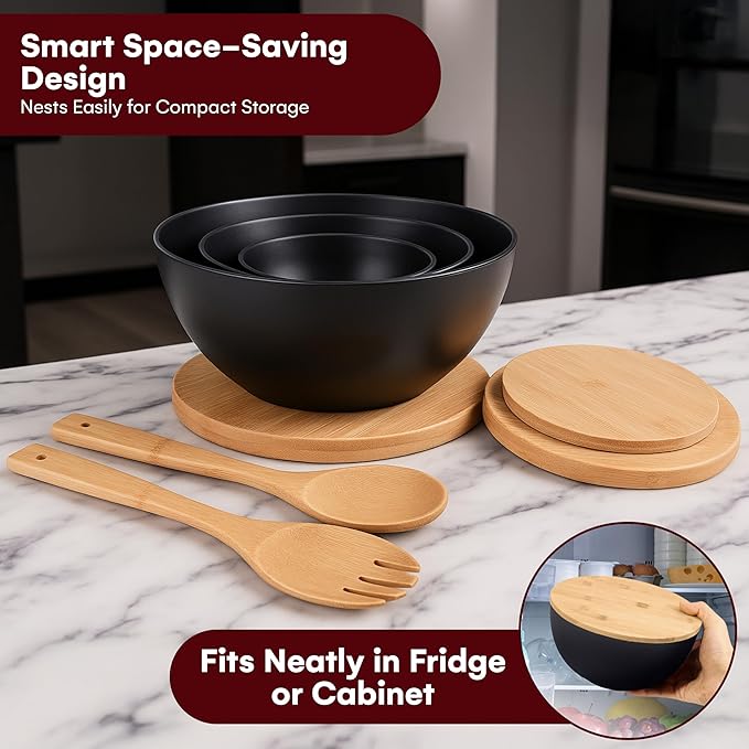 Vdomus Salad Serving Bowls with Lids - 5x10x10-Inch Bamboo Fiber Bowl Set with Wooden Lids - Multi-Purpose Bowl and Board Set for Kitchen - Mixing Bowl Set for Serving and Preparing Food - Set of 3