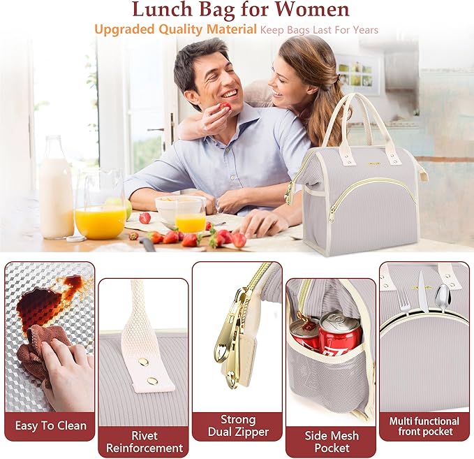 LOKASS Lunch Bag Women Insulated Lunch Box Wide-Open Lunch Tote Bag Large Cooler Bag for Work Picnic Hiking Beach（Light Gray）