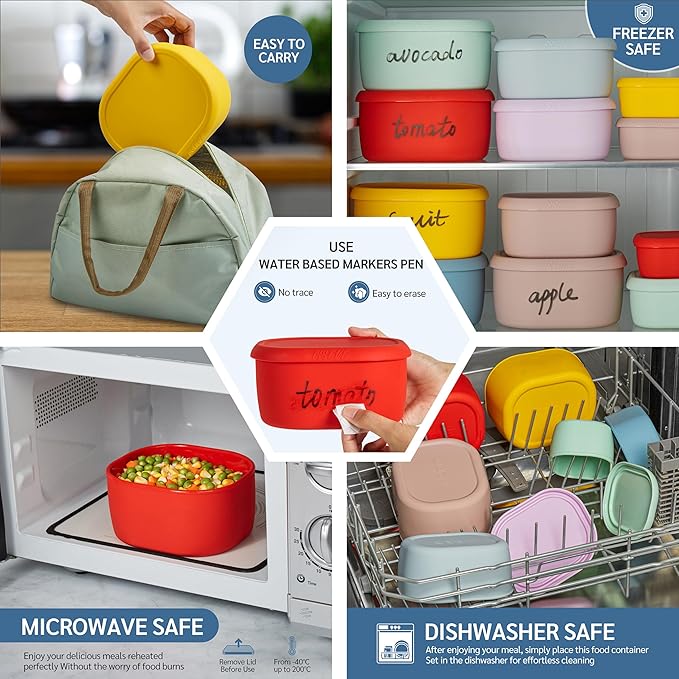 ISSEVE 6Pcs/Set Nesting Silicone Food Storage Containers with Lids, BPA Free Reusable Meal Prep Silicone Containers Lunch Box Bento Box Set (33.8oz, 20oz, 10oz, 6.7oz, 1.3oz) (Red)
