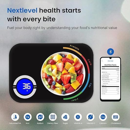 Smart Kitchen Scale- Digital Weight Grams and Oz Food Scale with Nutritional Calculator for Weight Loss, Accurately Track Calories & Macros with Bluetooth Fitness App (Black).