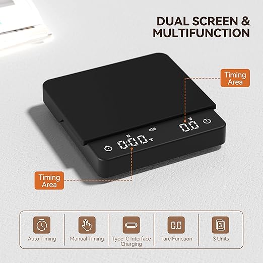 Rechargeable Coffee Scale with Auto Timing,Mini Espresso Scale with Timer, 2kg/0.1g High Precision Scale for Coffee Beans, Black