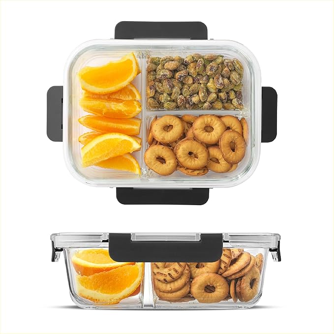 JoyJolt Divided 3 Compartment Glass Meal Prep Bento Box Set. 5 Pack Airtight Food Storage Containers with Lids for Portion Control and Weight Loss