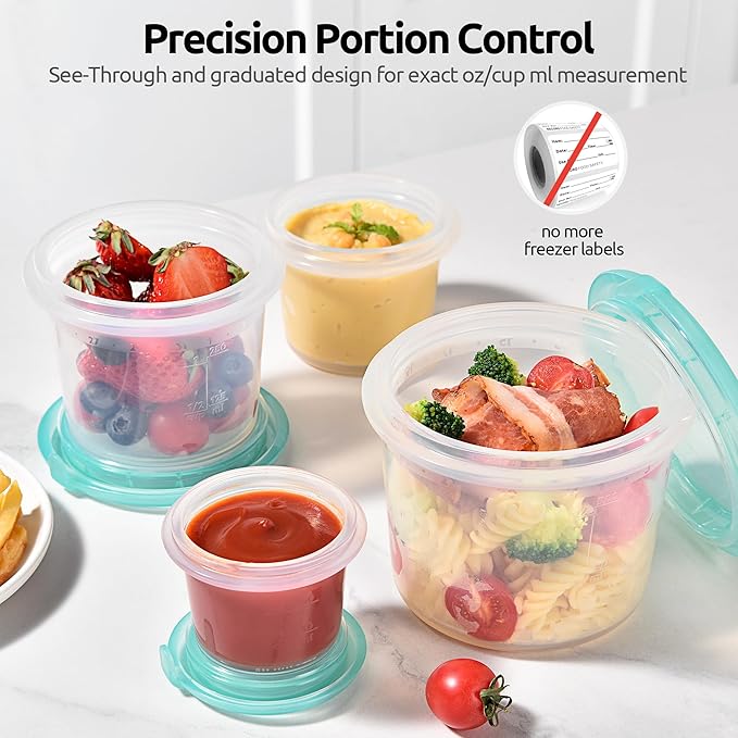U-Taste Silicone Food Storage Containers Set: Meal Prep Box with Airtight Lid, Freezer & Microwave Safe, Date Marking Circle, Clear cup/oz/ml Measurement for Dry & Wet Deli (2oz/4oz/8oz/16oz, Teal)