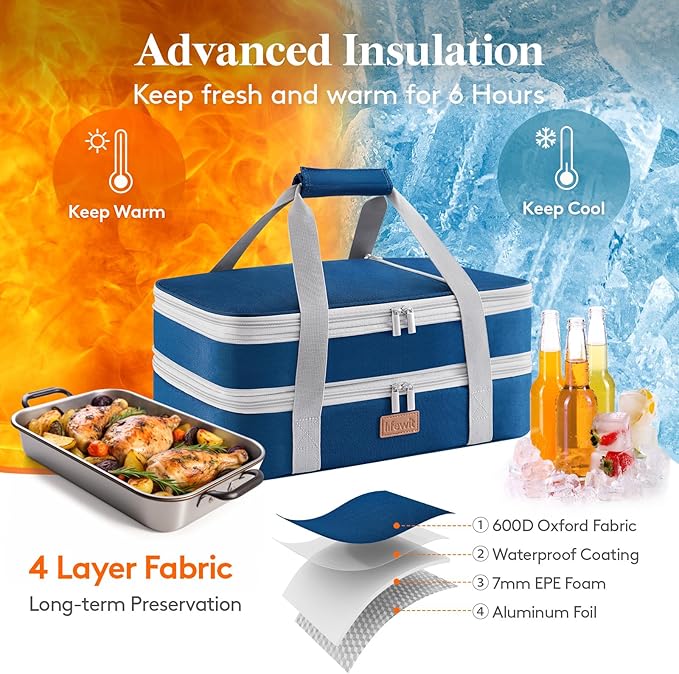Lifewit Expandable Insulated Casserole Carrier for Hot or Cold Food, Double Decker Food Bag Lasagna Holder Carry Tote for Potluck Parties/Picnic/Cookouts, Fits 9"x13" Baking Dish, Pure Blue