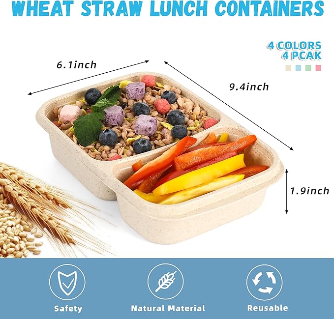 4 Pack Bento Lunch Box for Kids Adults, 2 Compartments Lunch Containers, Reusable Meal Prep Containers with Lids, Microwave & Dishwasher Safe, Divided Food Prep Containers for Travel, School ＆ Work