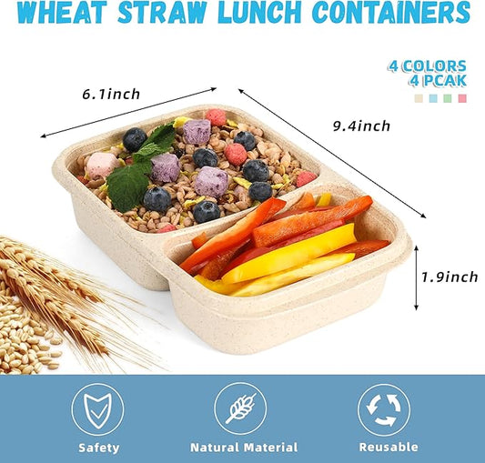 4 Pack Bento Lunch Box for Kids Adults, 2 Compartments Lunch Containers, Reusable Meal Prep Containers with Lids, Microwave & Dishwasher Safe, Divided Food Prep Containers for Travel, School ＆ Work
