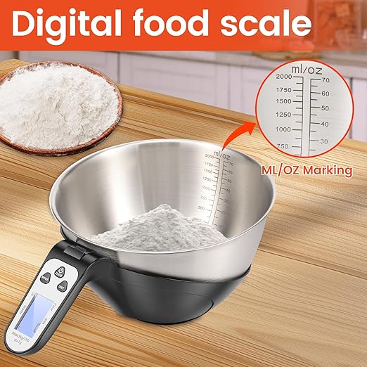 Digital Kitchen Food Scale with Bowl, Stainless Steel Food Scale with Cup Easy to Carry Large Capacity Digital Kitchens Food Scales for Home Cooking (Black)