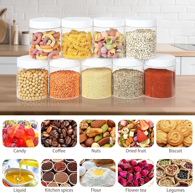 Jars with Lids, 48pcs 8 oz Plastic Containers with Lids Pen Labels Leak Proof BPA Free Airtight Refillable Clear Small Containers Storage Jars for Storing Dry Food Makeup Slime Honey Jam (8oz White