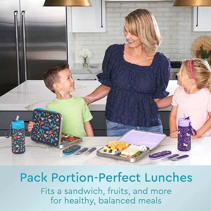 Bentgo Kids Stainless Steel Prints Leak-Resistant Lunch Box - 3-Compartments with Bonus Silicone Container, Durable, Eco-Friendly, Dishwasher Safe, BPA-Free, Ideal for School, Ages 3+ (Dinosaur)