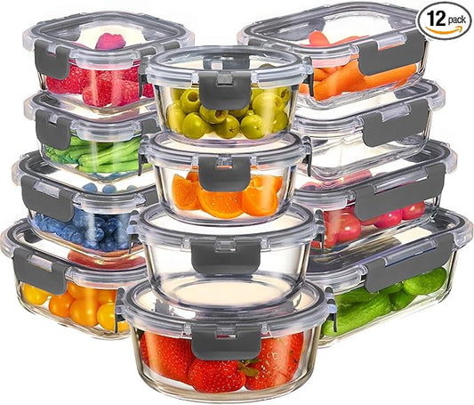 FineDine 24 Piece Glass Storage Containers with Lids - Airtight, Leak Proof, Dishwasher Safe, Glass Tupper Ware Sets with Lids, Food Storage Containers, Meal Prep Containers, Gray