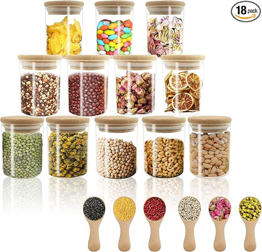 18 pcs Glass jars Set, 12 set - 6oz Spice Jars Set with Bamboo Lids, 6 pcs Small Condiments Wooden Spoons, Airtight Glass Food Cereal Storage Containers for Kitchen (Set of 18, 6oz)
